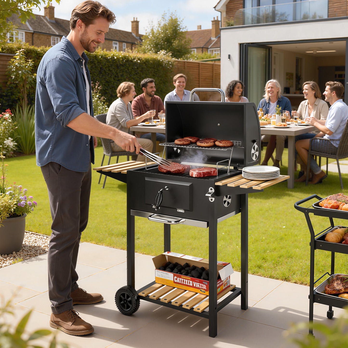 Outsunny Adjustable Charcoal BBQ Grill & Smoker with Warming Rack - Black