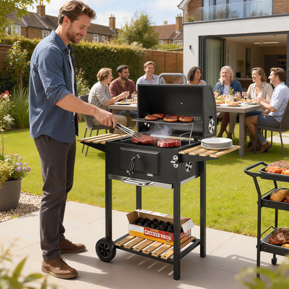 Outsunny Adjustable Charcoal BBQ Grill & Smoker with Warming Rack - Black