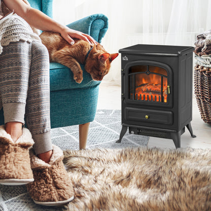HOMCOM Freestanding Electric Fireplace Indoor Heater Glass View Log Wood Burning Effect Flame Portable Fireplace Stove 1000/2000W Black