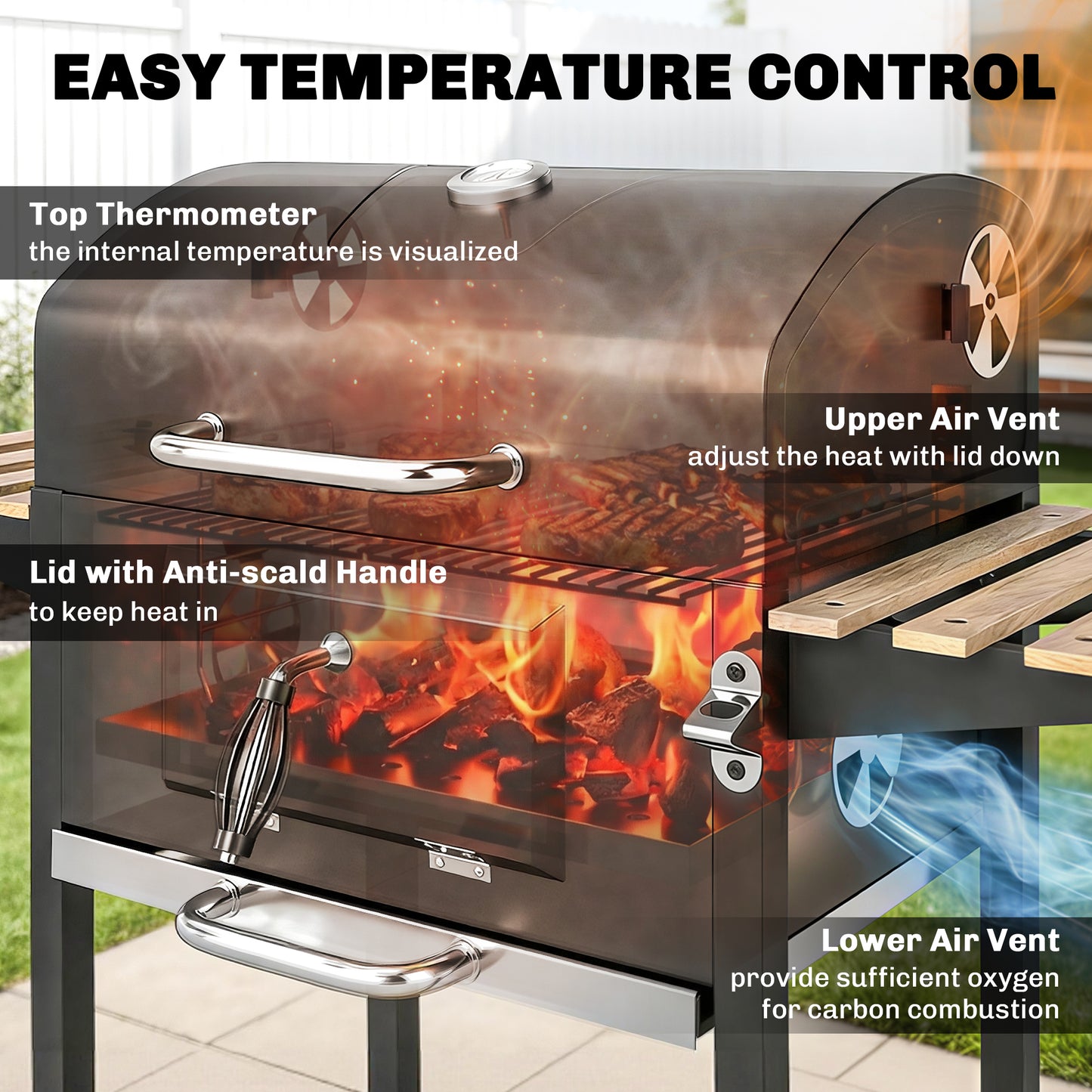 Outsunny Adjustable Charcoal BBQ Grill & Smoker with Warming Rack - Black