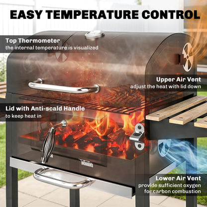 Outsunny Adjustable Charcoal BBQ Grill & Smoker with Warming Rack - Black