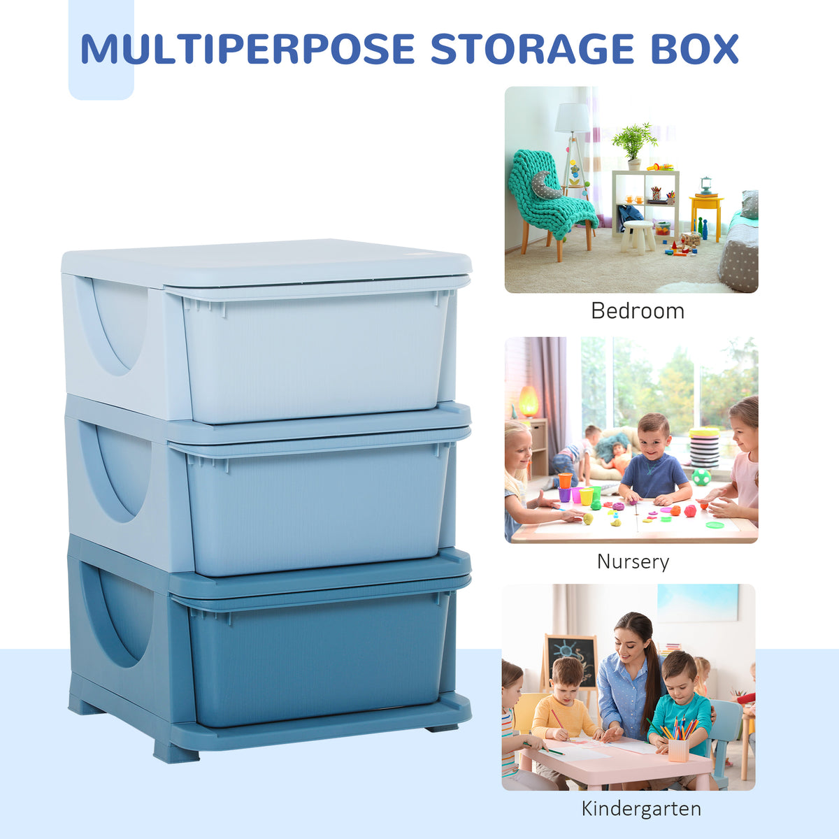 HOMCOM 3 Drawers Plastic Kids Storage Units, 3 Tier Children Toy Chest for Nursery, Playroom, Bedroom, Blue