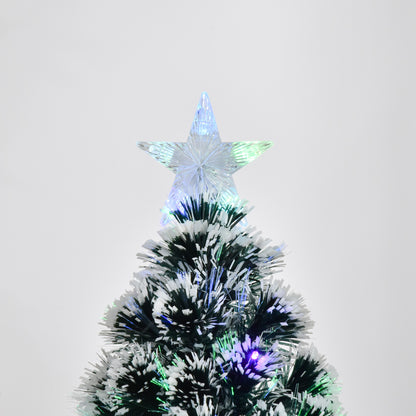 HOMCOM 4ft Artificial Prelit Christmas Tree, Snow Xmas Tree with Colourful LED Lighting Fiber Optics, Green White