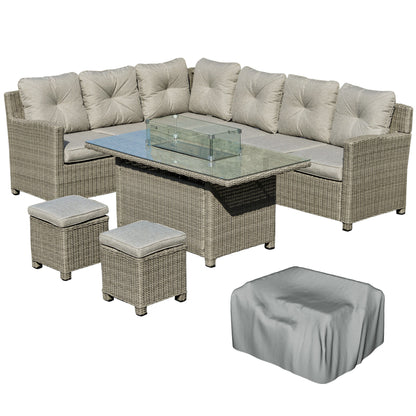 Outsunny eight-seater rattan corner sofa set with fire pit table