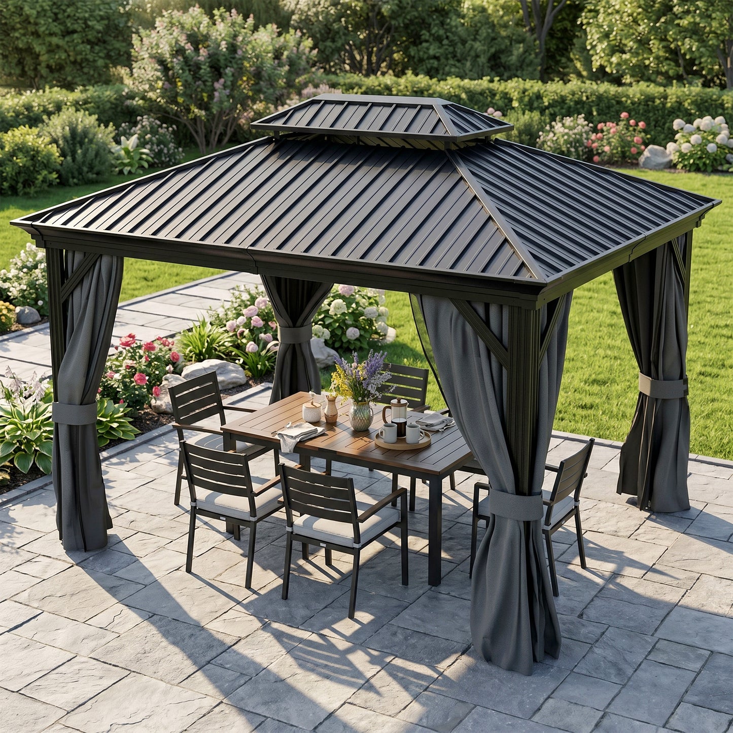 Outsunny 3.65 by 3 metre aluminium hardtop gazebo in dark grey - product view 2