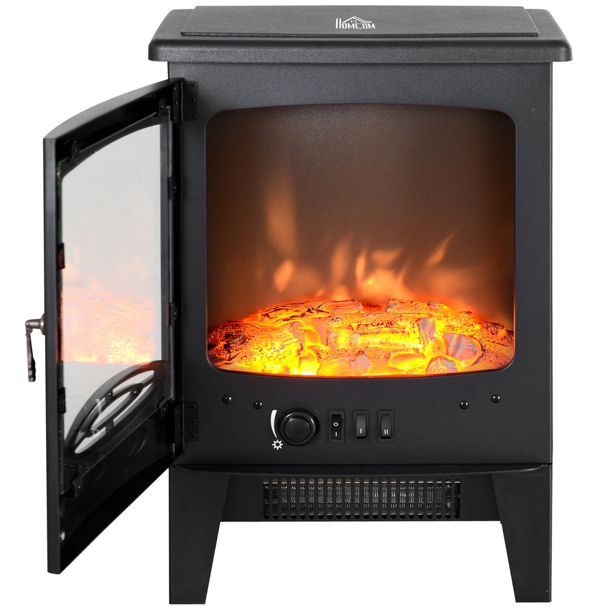 HOMCOM Electric Fireplace Stove, Freestanding Log Burner, 1000W/2000W, Portable Electric Fire Fan Heater with LED Flame Effect, Adjustable Thermostat, Glass, Overheat Protection, Black