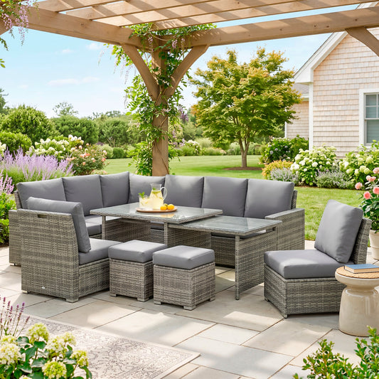 Outsunny 7-Piece Rattan Garden Sofa Set | Expanding Table, Grey