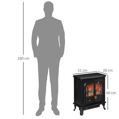 HOMCOM Electric Fireplace Stove Freestanding Log Burner with Double Door, 1000W/2000W, Portable Electric Fire Fan Heater with LED Flame Effect, Adjustable Thermostat, Overheat Protection, Black