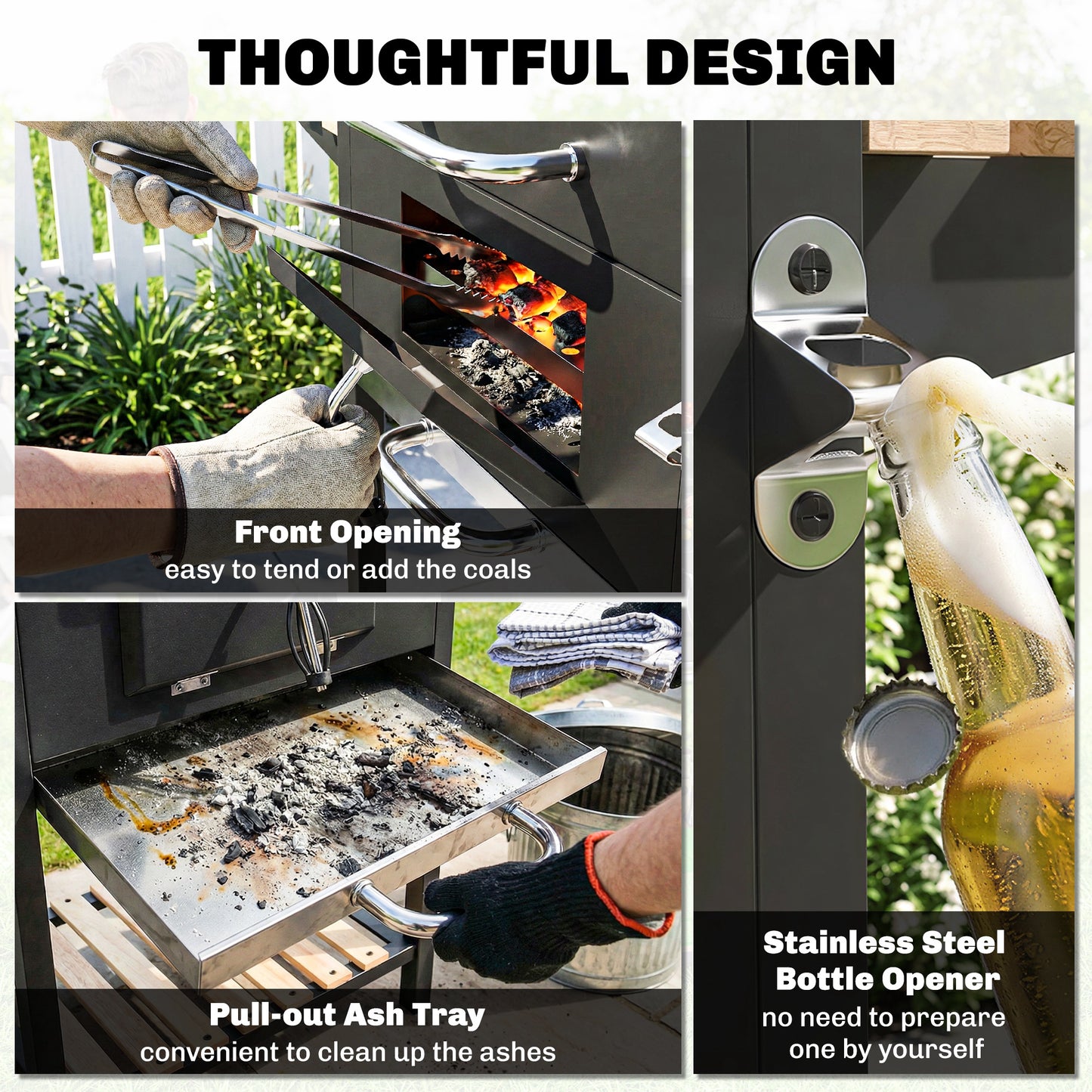 Outsunny Adjustable Charcoal BBQ Grill & Smoker with Warming Rack - Black