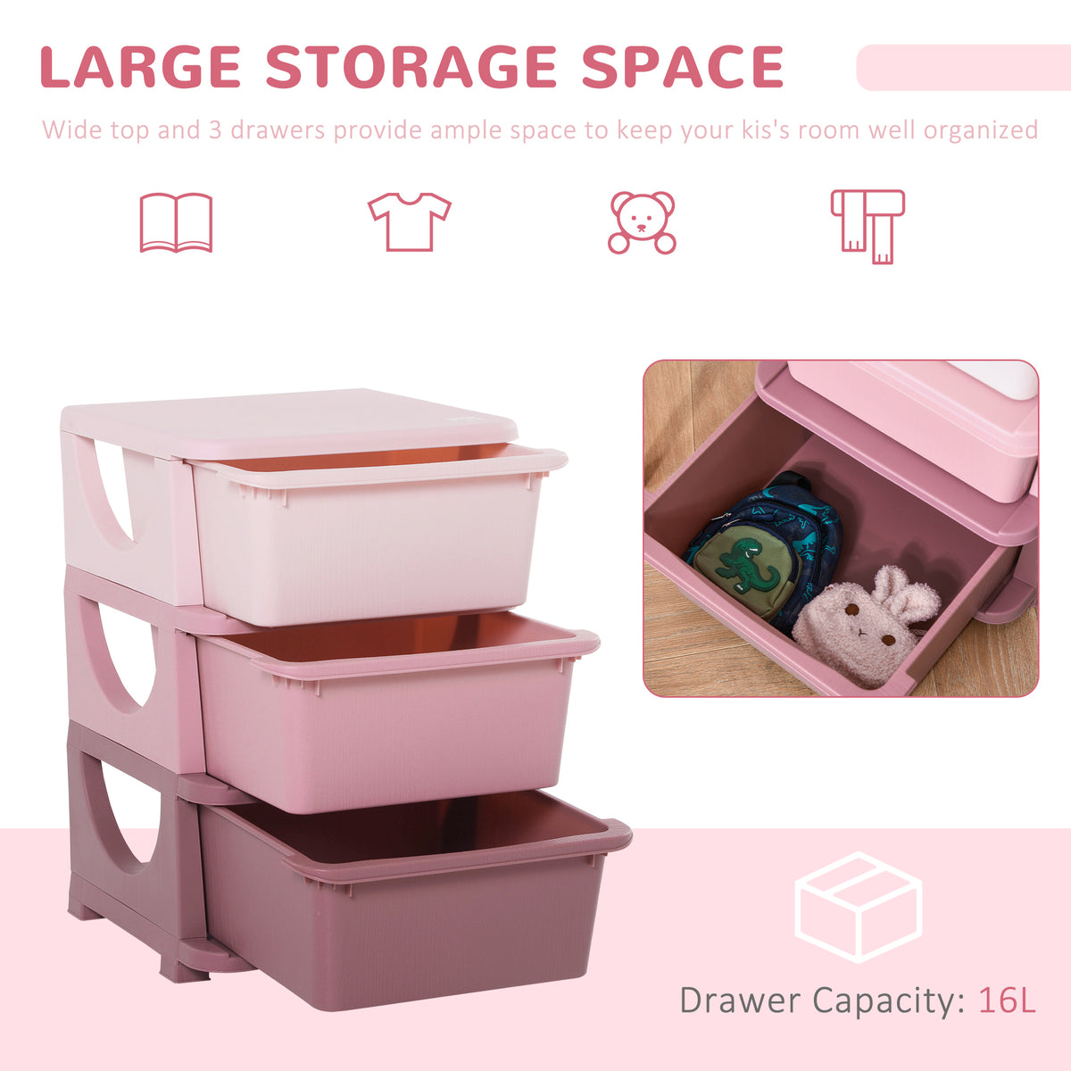 HOMCOM 3 Drawers Plastic Kids Storage Units, 3 Tier Children Toy Chest for Nursery, Playroom, Bedroom, Pink