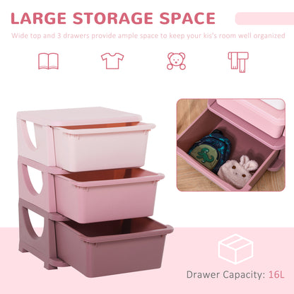HOMCOM 3 Drawers Plastic Kids Storage Units, 3 Tier Children Toy Chest for Nursery, Playroom, Bedroom, Pink