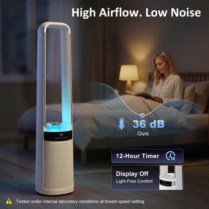 HOMCOM 93cm Bladeless Tower Fan with LED Mood Light | 36dB, 6m/s, 45° Oscillation, 12H Timer, Remote — White