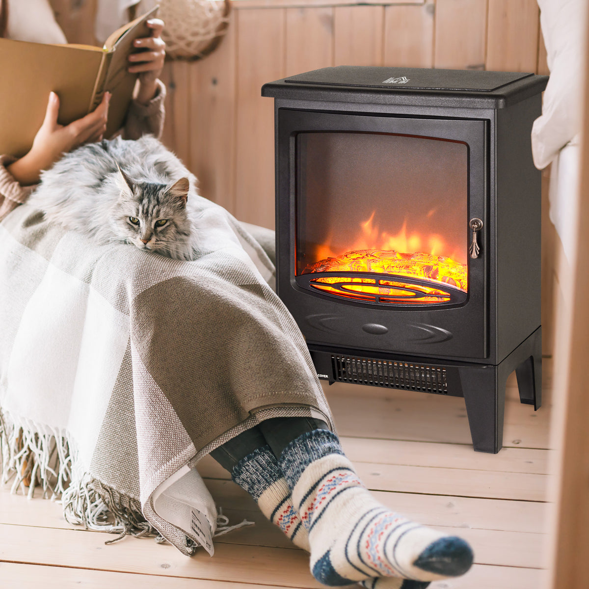 HOMCOM Electric Fireplace Stove, Freestanding Log Burner, 1000W/2000W, Portable Electric Fire Fan Heater with LED Flame Effect, Adjustable Thermostat, Glass, Overheat Protection, Black