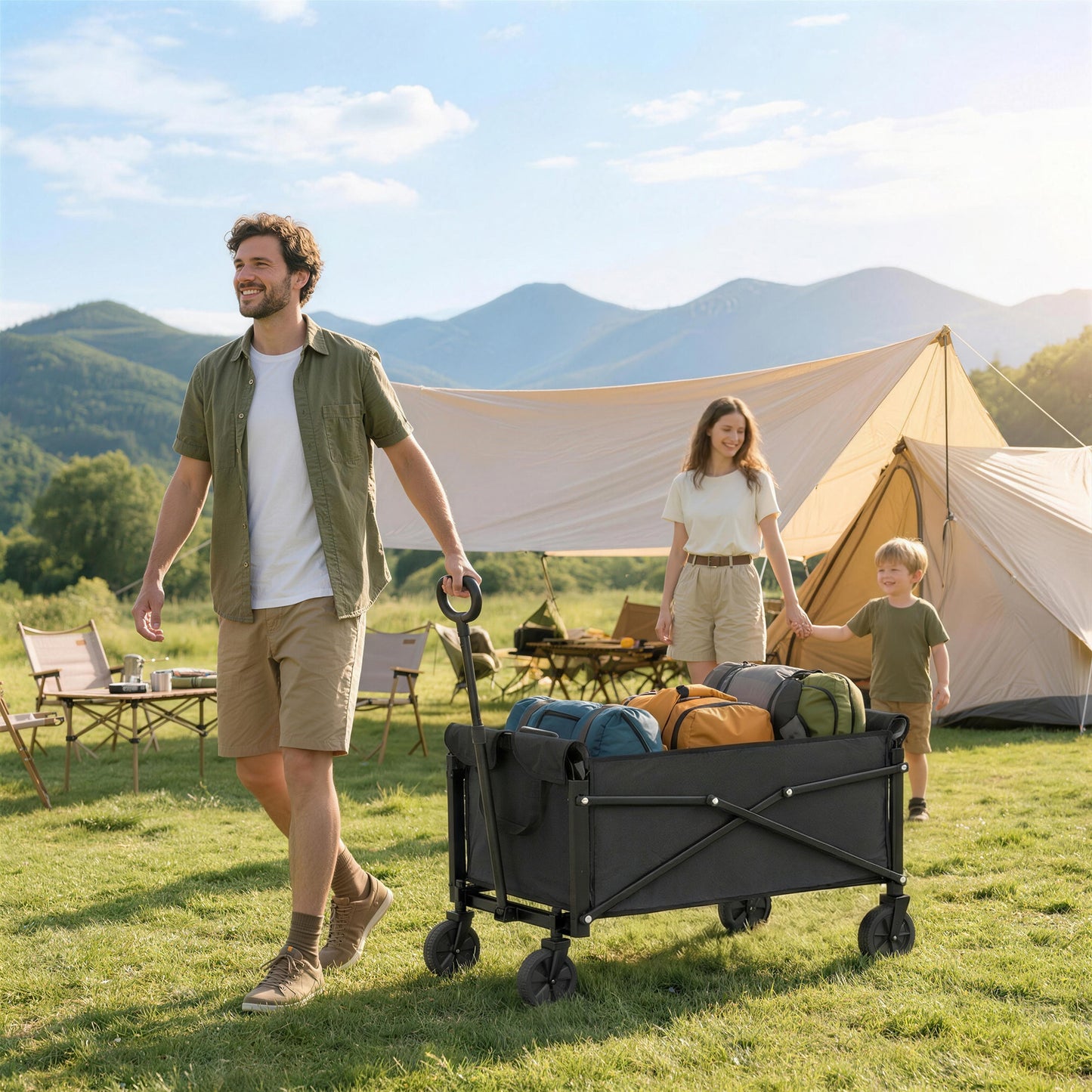 Foldable camping cart with slim storage design