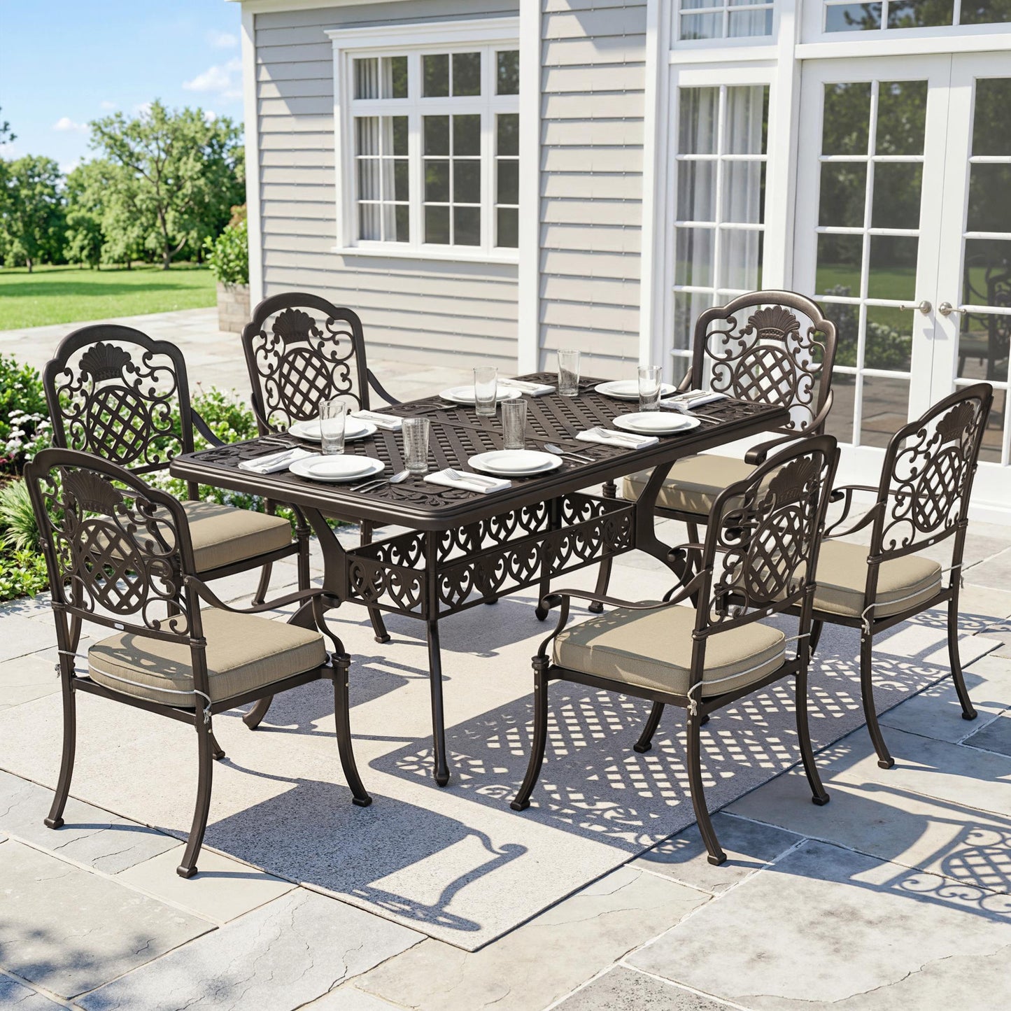 Outsunny Garden Dining Set for 6 | Cast Aluminium Bronze
