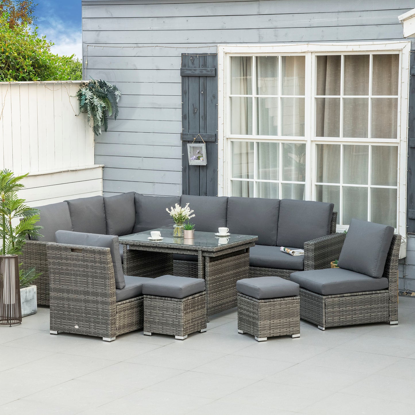 Outsunny 7-Piece Rattan Garden Sofa Set | Expanding Table, Grey
