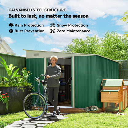 Outsunny 11.3 x 9.2ft Metal Garden Storage Shed | Green Tool & Bike Store