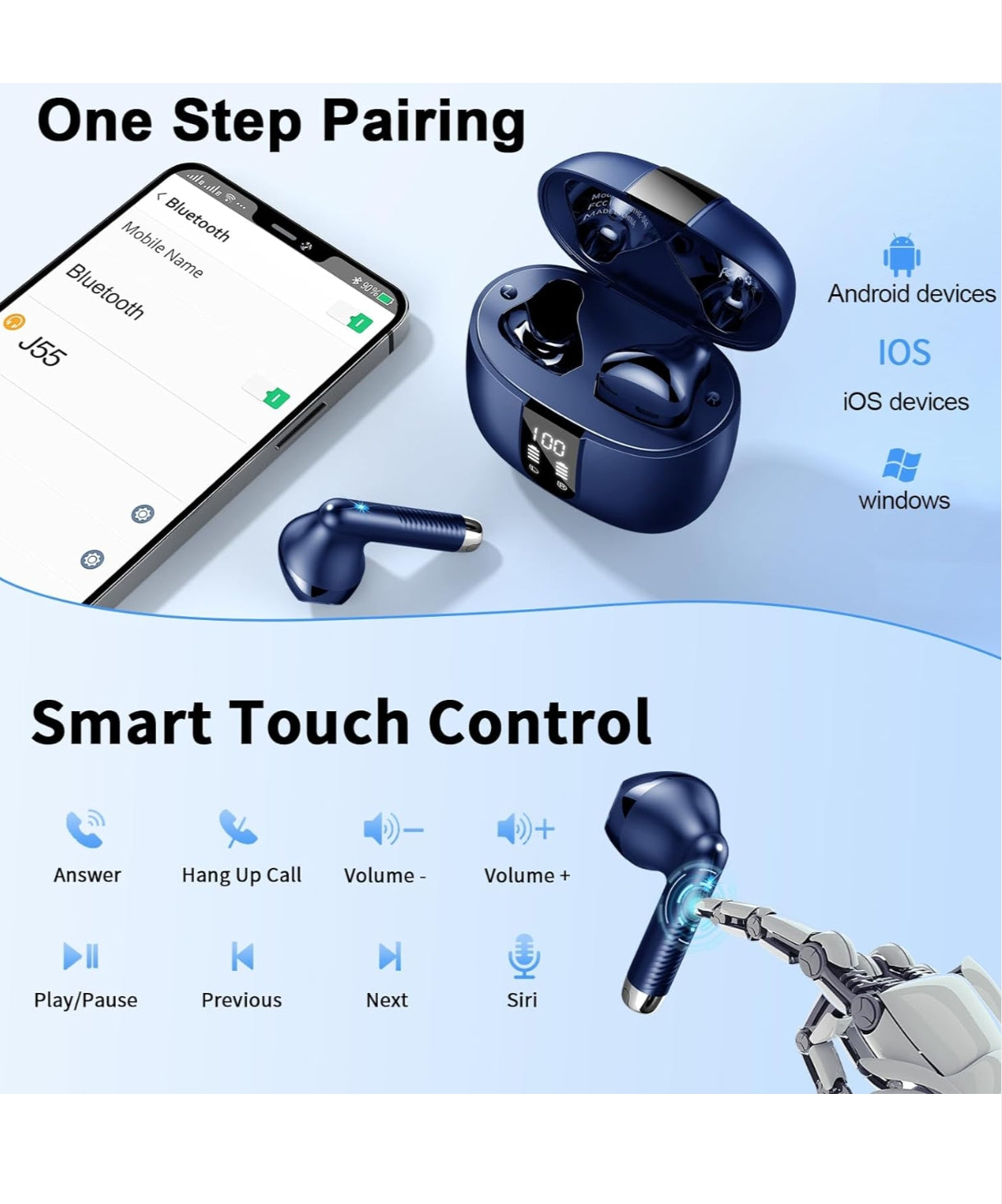 Wireless Earbuds Bluetooth 5.4 – Mini In-Ear Headphones with 4 ENC Mics 56H Playtime Deep Bass Noise Cancelling LED