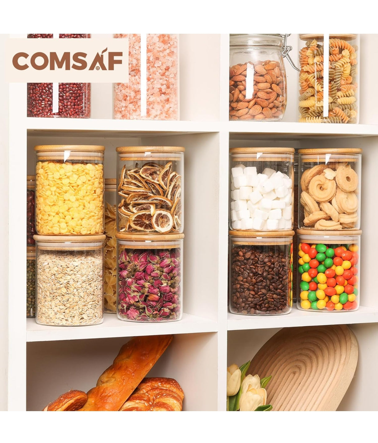 ComSaf 25oz/750ml Glass Food Storage Jars Set of 6 – Clear Glass Containers with Bamboo Lids Airtight Pantry Jars