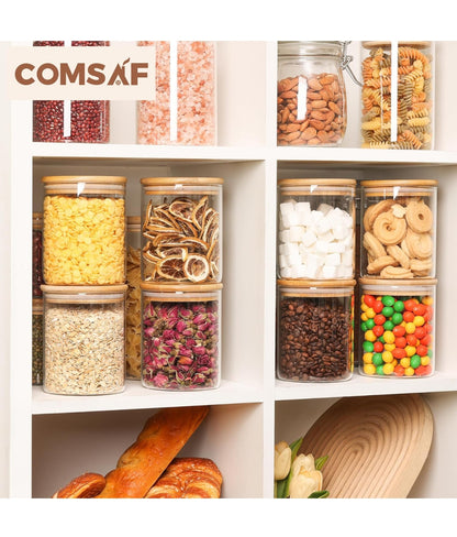 ComSaf 25oz/750ml Glass Food Storage Jars Set of 6 – Clear Glass Containers with Bamboo Lids Airtight Pantry Jars