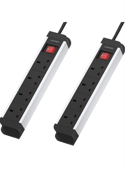 Ucomen 4-Way Extension Lead with Power Switch – 1.5m Cable Child-Proof Sockets Desktop Power Strip – 2 Pack White &
