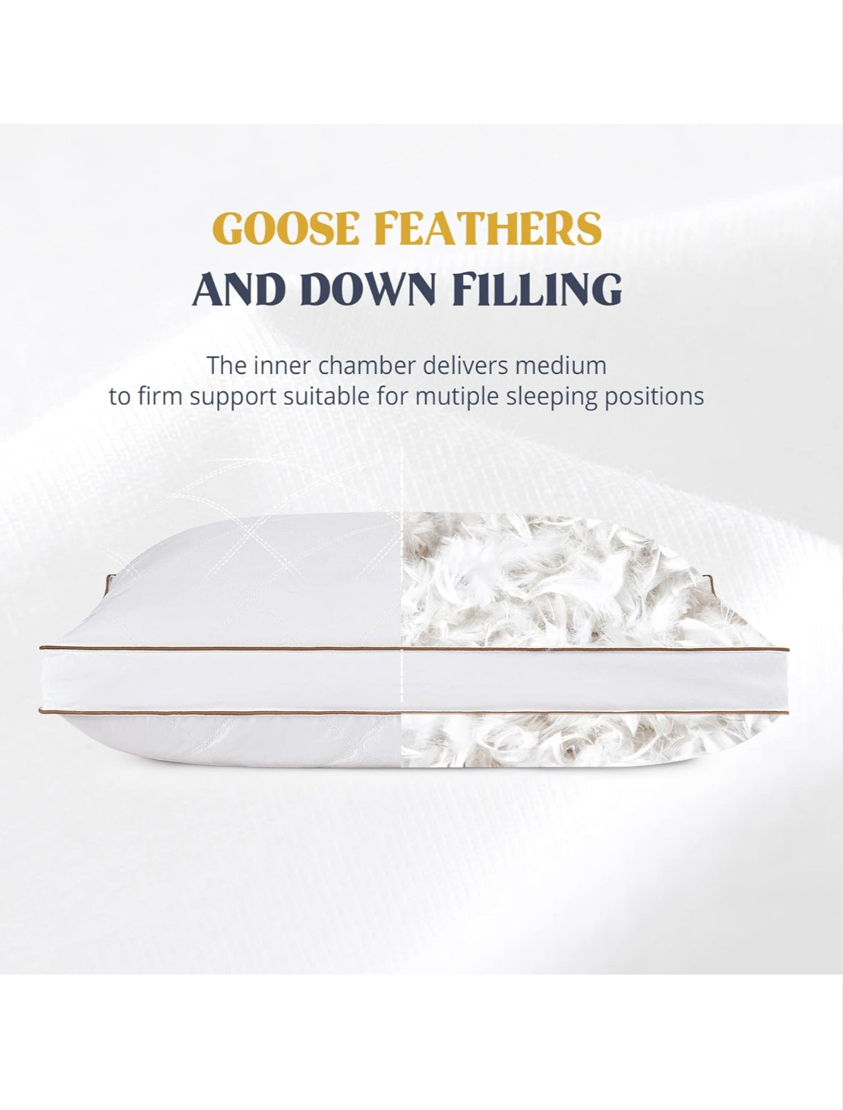Goose Down Feather Pillows – Pack of 2 Gusseted Bed Pillows with 100% Cotton Downproof Cover Medium Support
