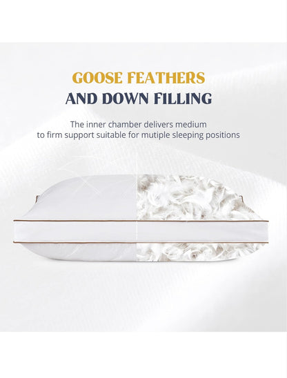 Goose Down Feather Pillows – Pack of 2 Gusseted Bed Pillows with 100% Cotton Downproof Cover Medium Support