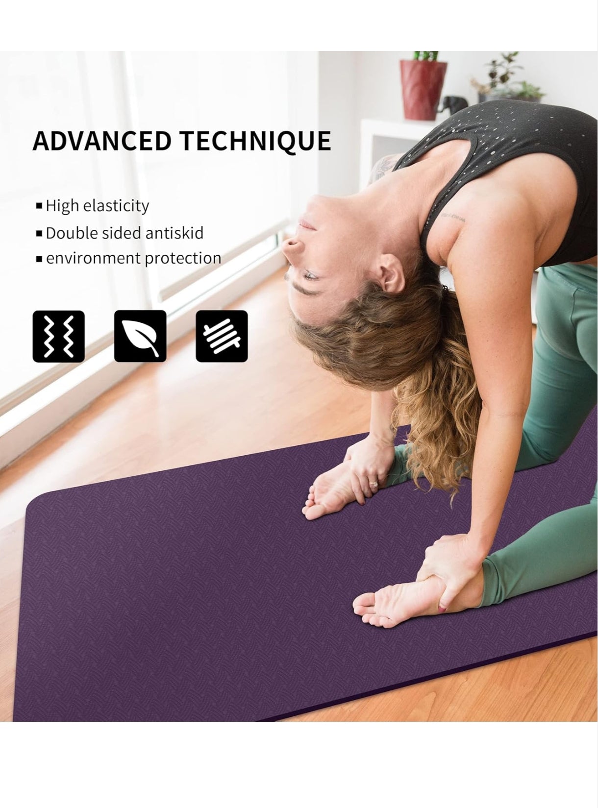 LaiEr Non-Slip Yoga Mat – Eco-Friendly Extra Thick TPE Exercise Mat with Carry Strap (183cm x 61cm x 8mm) – Ideal