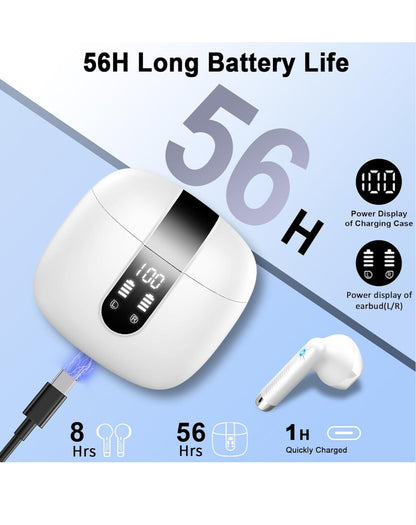 Wireless Earbuds Bluetooth 5.4 – Mini In-Ear Headphones with 4 ENC Mics 56H Playtime Deep Bass Noise Cancelling LED