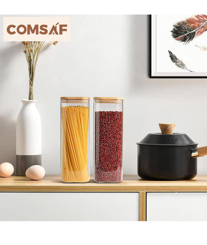 ComSaf 2100ml Glass Spaghetti Storage Jar – Set of 3 Clear Food Storage Containers with Bamboo Lids for Pasta Noodles
