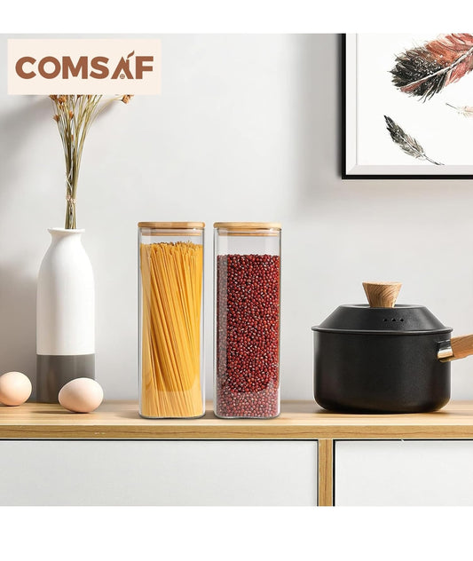 ComSaf 2100ml Glass Spaghetti Storage Jar – Set of 3 Clear Food Storage Containers with Bamboo Lids for Pasta Noodles