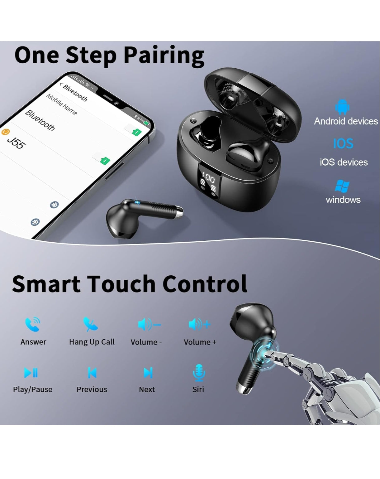 Wireless Earbuds Bluetooth 5.4 – Mini In-Ear Headphones with 4 ENC Mics 56H Playtime Deep Bass Noise Cancelling LED