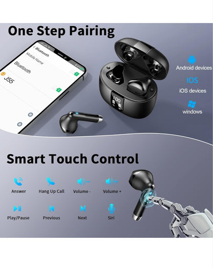 Wireless Earbuds Bluetooth 5.4 – Mini In-Ear Headphones with 4 ENC Mics 56H Playtime Deep Bass Noise Cancelling LED