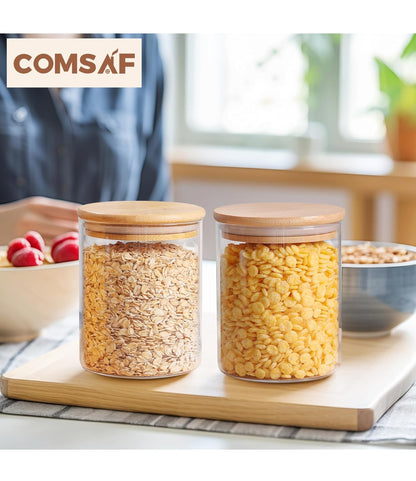 ComSaf 25oz/750ml Glass Food Storage Jars Set of 6 – Clear Glass Containers with Bamboo Lids Airtight Pantry Jars