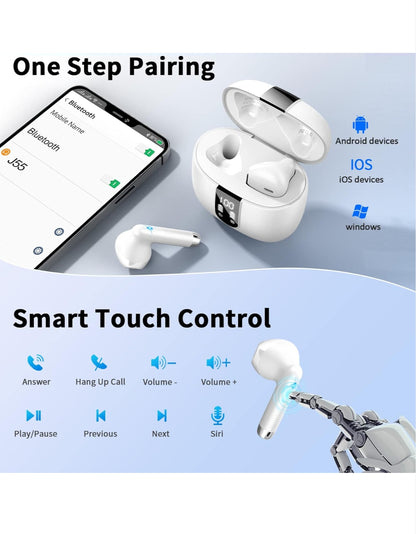 Wireless Earbuds Bluetooth 5.4 – Mini In-Ear Headphones with 4 ENC Mics 56H Playtime Deep Bass Noise Cancelling LED