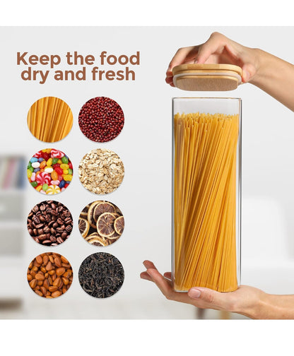 ComSaf 2100ml Glass Spaghetti Storage Jar – Set of 3 Clear Food Storage Containers with Bamboo Lids for Pasta Noodles