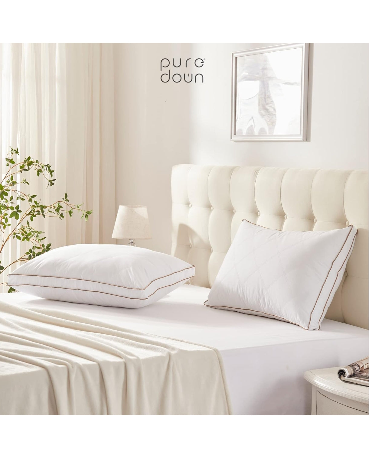 Goose Down Feather Pillows – Pack of 2 Gusseted Bed Pillows with 100% Cotton Downproof Cover Medium Support