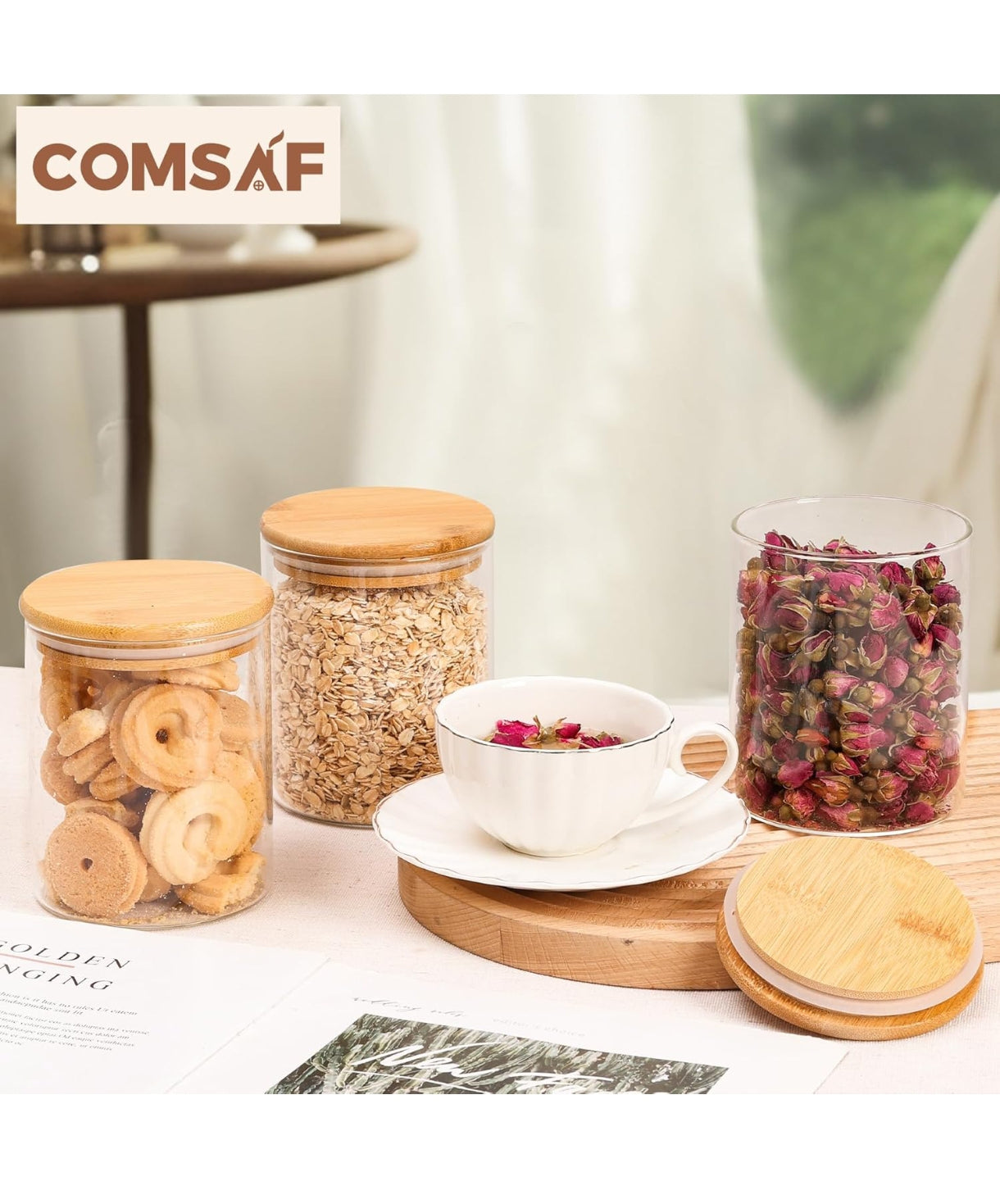 ComSaf 25oz/750ml Glass Food Storage Jars Set of 6 – Clear Glass Containers with Bamboo Lids Airtight Pantry Jars