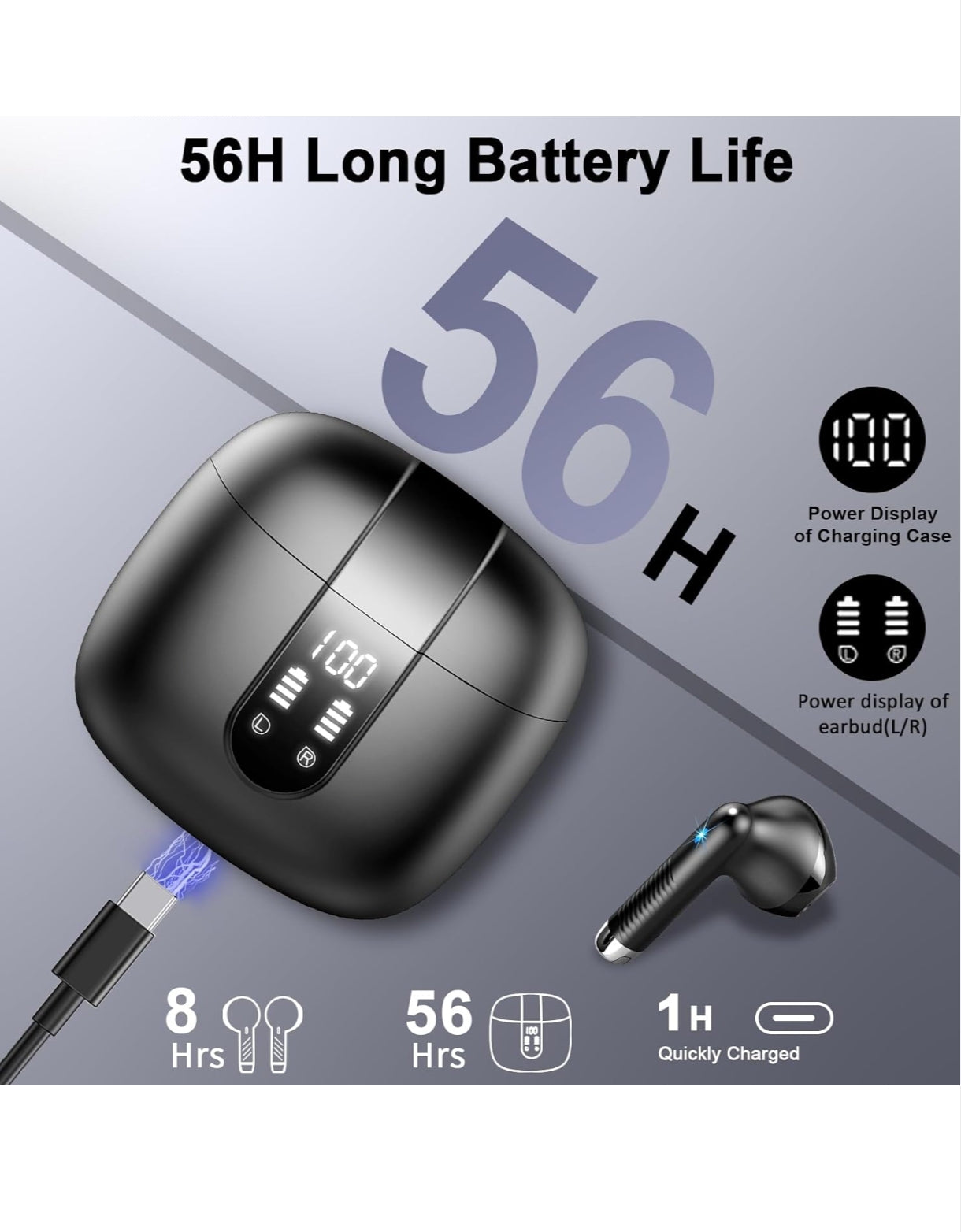Wireless Earbuds Bluetooth 5.4 – Mini In-Ear Headphones with 4 ENC Mics 56H Playtime Deep Bass Noise Cancelling LED