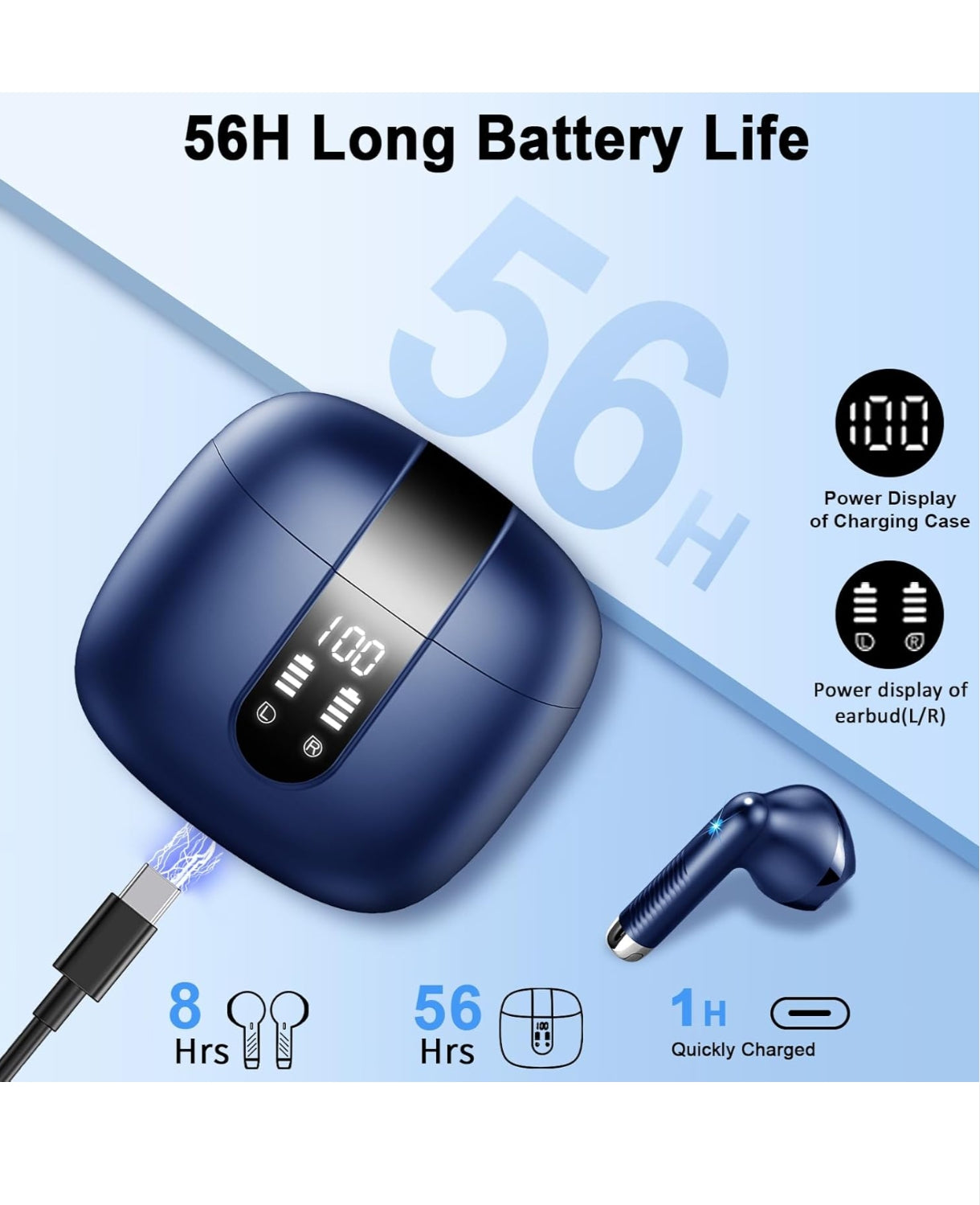 Wireless Earbuds Bluetooth 5.4 – Mini In-Ear Headphones with 4 ENC Mics 56H Playtime Deep Bass Noise Cancelling LED