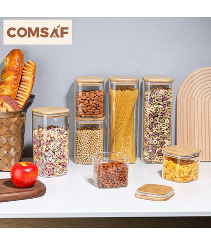 ComSaf 2100ml Glass Spaghetti Storage Jar – Set of 3 Clear Food Storage Containers with Bamboo Lids for Pasta Noodles