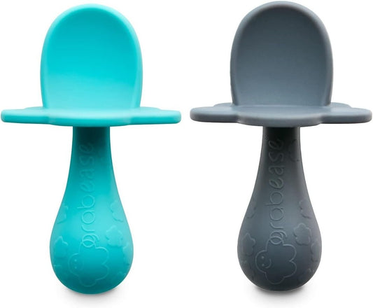 Grabease Baby Silicone Spoon Set for Baby-Led Weaning & Self-Feeding – Soft, BPA-Free, Dishwasher Safe, First Stage Eating Utensils – Set of 2 (Aqua, Grey)