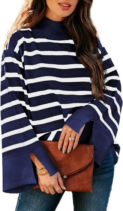 Women's Striped Colour Block Jumper – Long Sleeve Mock Neck with Side Slits | Blue | Size M | UK