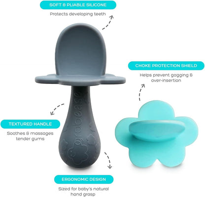 Grabease Baby Silicone Spoon Set for Baby-Led Weaning & Self-Feeding – Soft, BPA-Free, Dishwasher Safe, First Stage Eating Utensils – Set of 2 (Aqua, Grey)