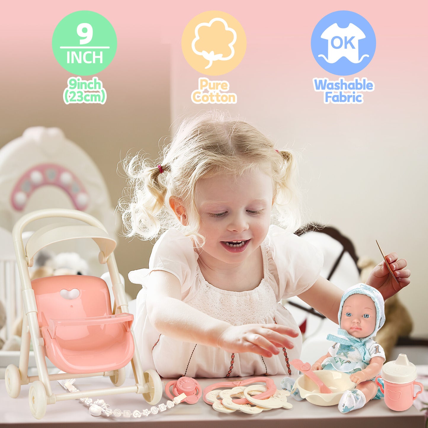 Baby Doll Toy High Chair Set | Cradle, Bath Tub & Pushchair | Role Play Gift for Kids