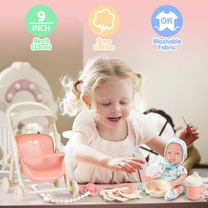Baby Doll Toy High Chair Set | Cradle, Bath Tub & Pushchair | Role Play Gift for Kids