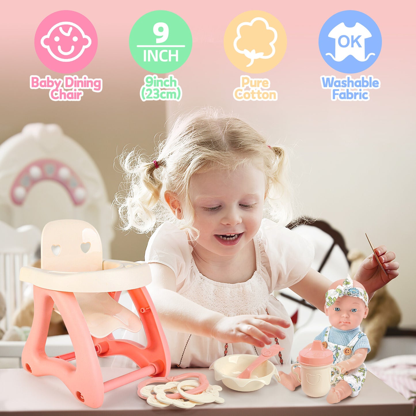 Baby Doll Toy High Chair Set | Cradle, Bath Tub & Pushchair | Role Play Gift for Kids