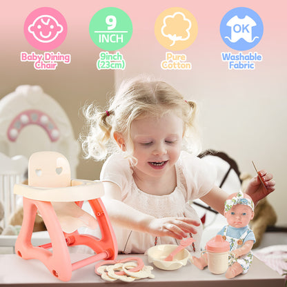 Baby Doll Toy High Chair Set | Cradle, Bath Tub & Pushchair | Role Play Gift for Kids