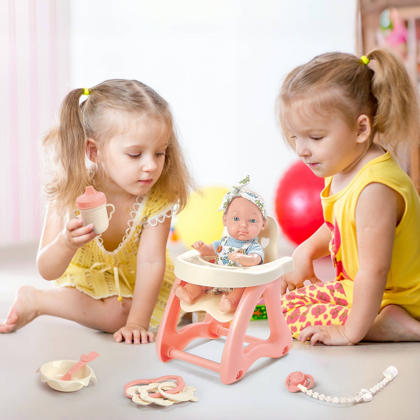 Baby Doll Toy High Chair Set | Cradle, Bath Tub & Pushchair | Role Play Gift for Kids