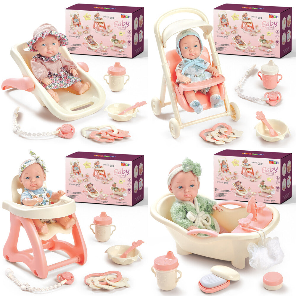 Baby Doll Toy High Chair Set | Cradle, Bath Tub & Pushchair | Role Play Gift for Kids